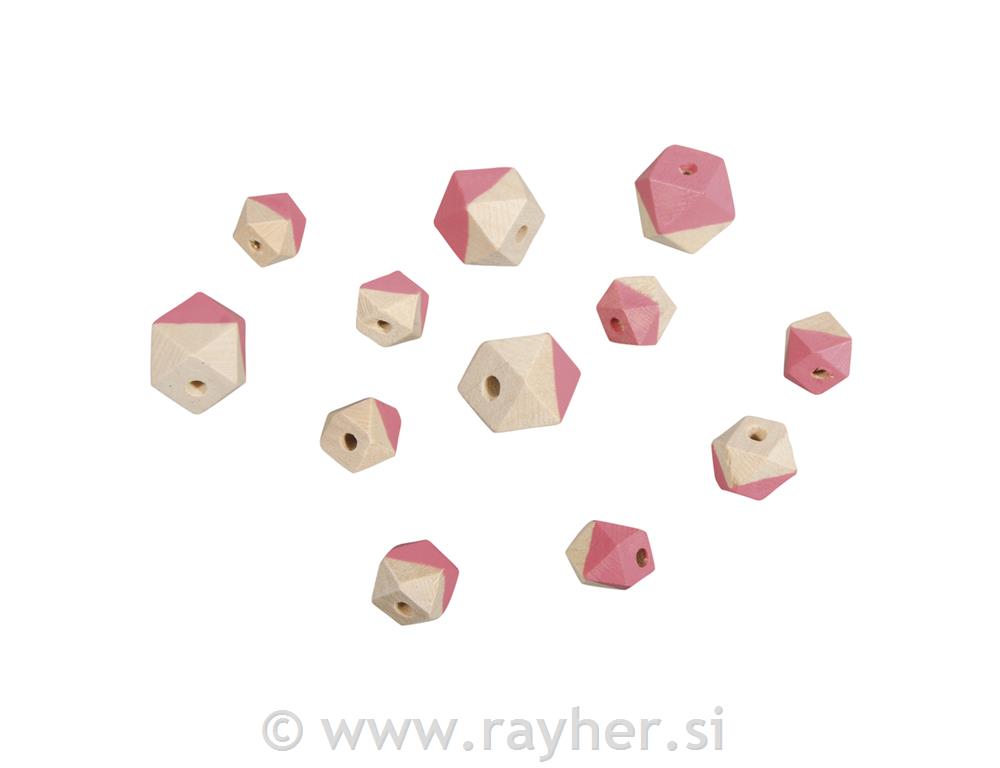 Drvene perle Dijamant, ružičasta, 4 dimenzije 4 kom o2cm, 8 komada o1.5cm, 12 ko