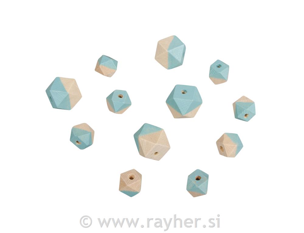 Drvene perle Dijamant, tirkiz, 4 dimenzije 4 kom o2cm, 8 komada o1.5cm, 12 kom