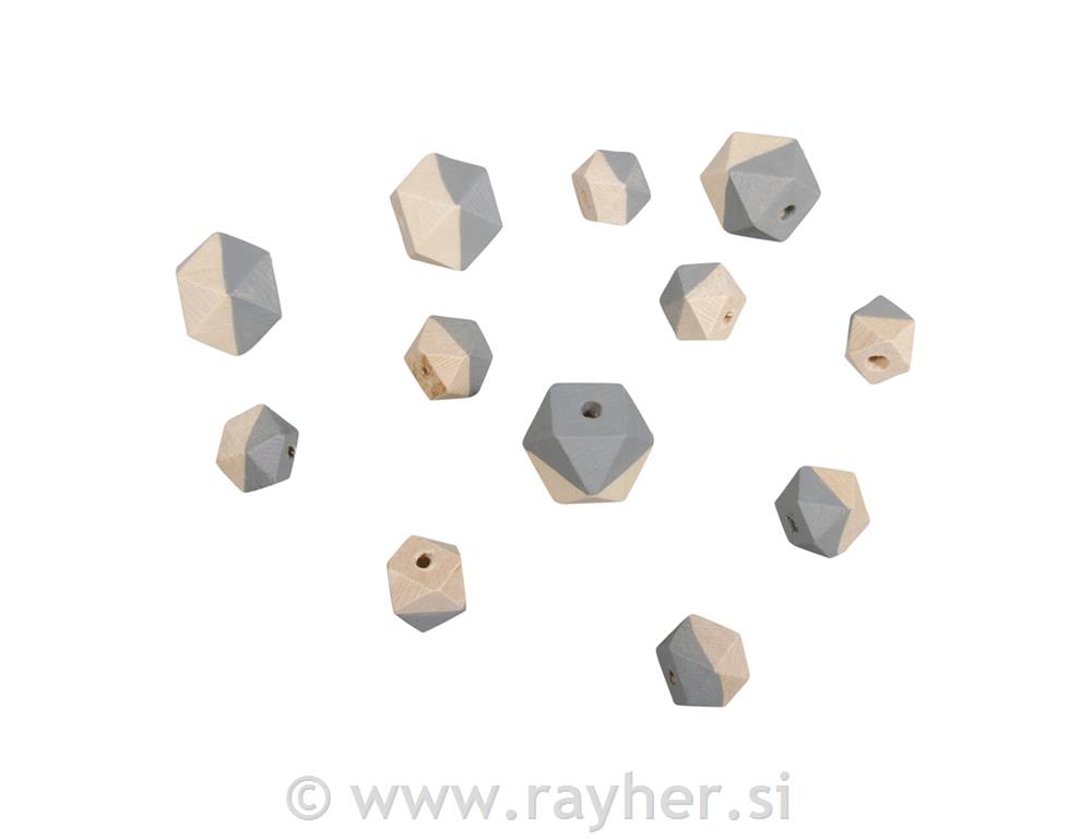 Drvene perle Dijamant, siva, 4 dimenzije4 kom o2cm, 8 komada o1.5cm, 12 kom