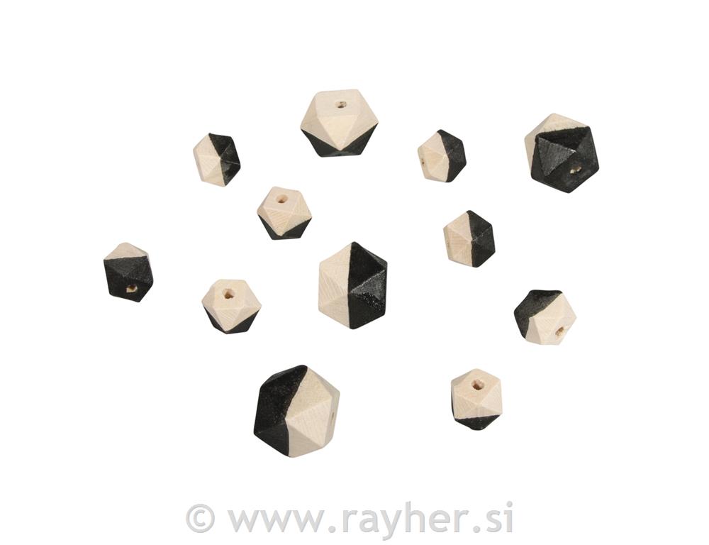 Drvene perle Dijamant, crna, 4 dimenzije4 kom o2cm, 8 komada o1.5cm, 12 kom