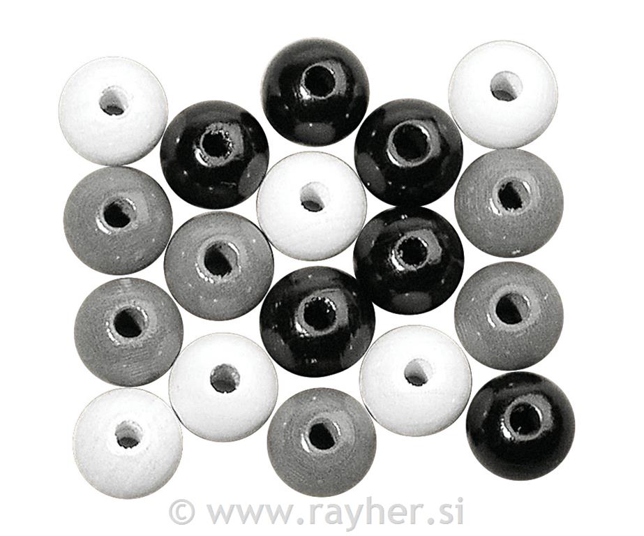 Perle lesene, pološčene, 6mm, črno bele, 115 kosov