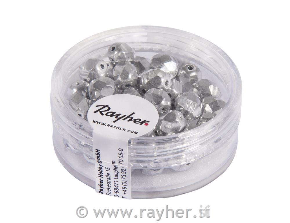 Perle brušeno staklo, 6 mm, srebro pletivo, 50 kom