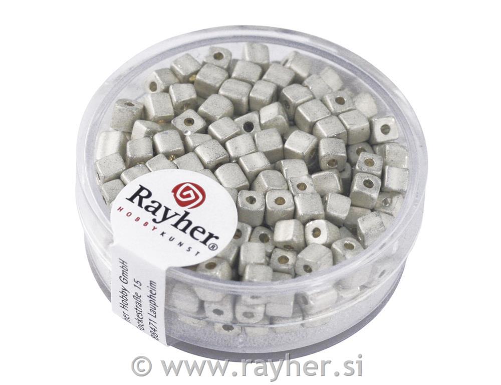 Perle metalic, kocke, bele, 3,4 mm, 15 g