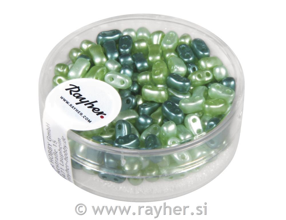Perle s dvostrukom rupom,mješovite, zelene, 3x 5mm, 12g