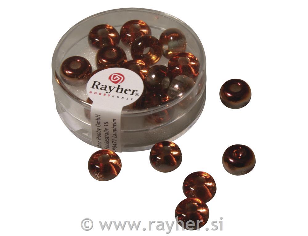 Gl. bead w. big hole,transp.metal.9mm ,brilliant copper, hole 3mm, box 14pc