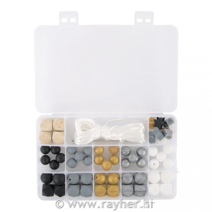 Silicone beads boxblack metallic61-piece, incl.thread string, box