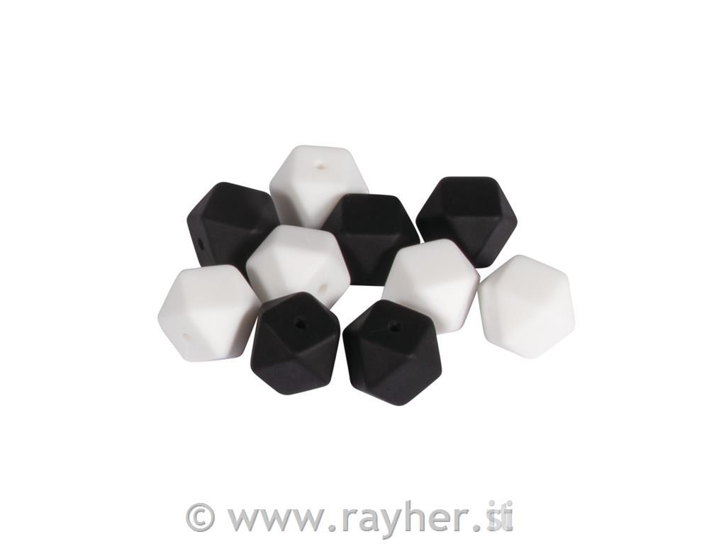 Silikonske perle šesterokutne, 14mm,crno-bijele, 10 kom