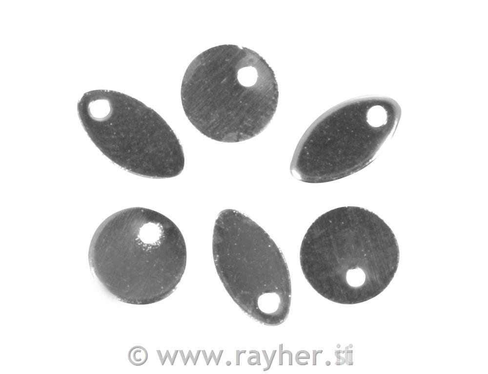 Delček kovinski za nakit: disk + oval, srebrn, 6-8mm, luknja