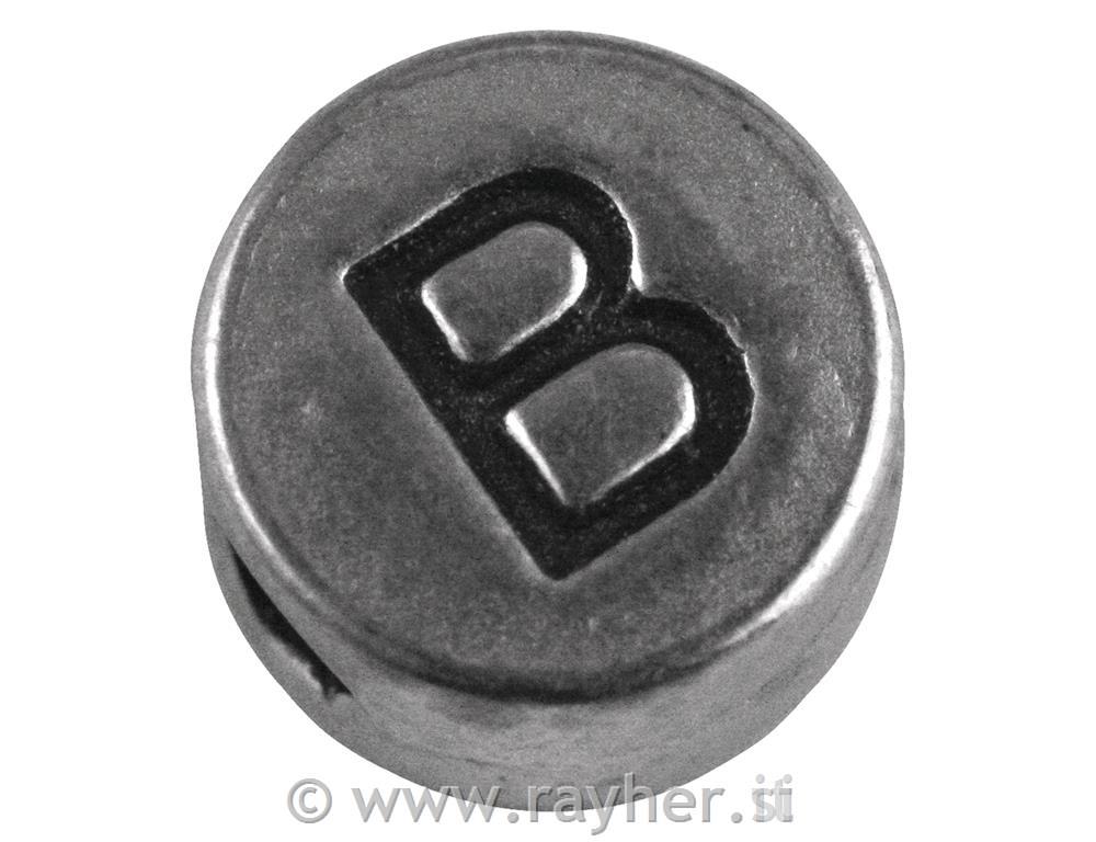 Perla kovinska črka "B", bn, srebrna, o 7 mm, hole 2 mm