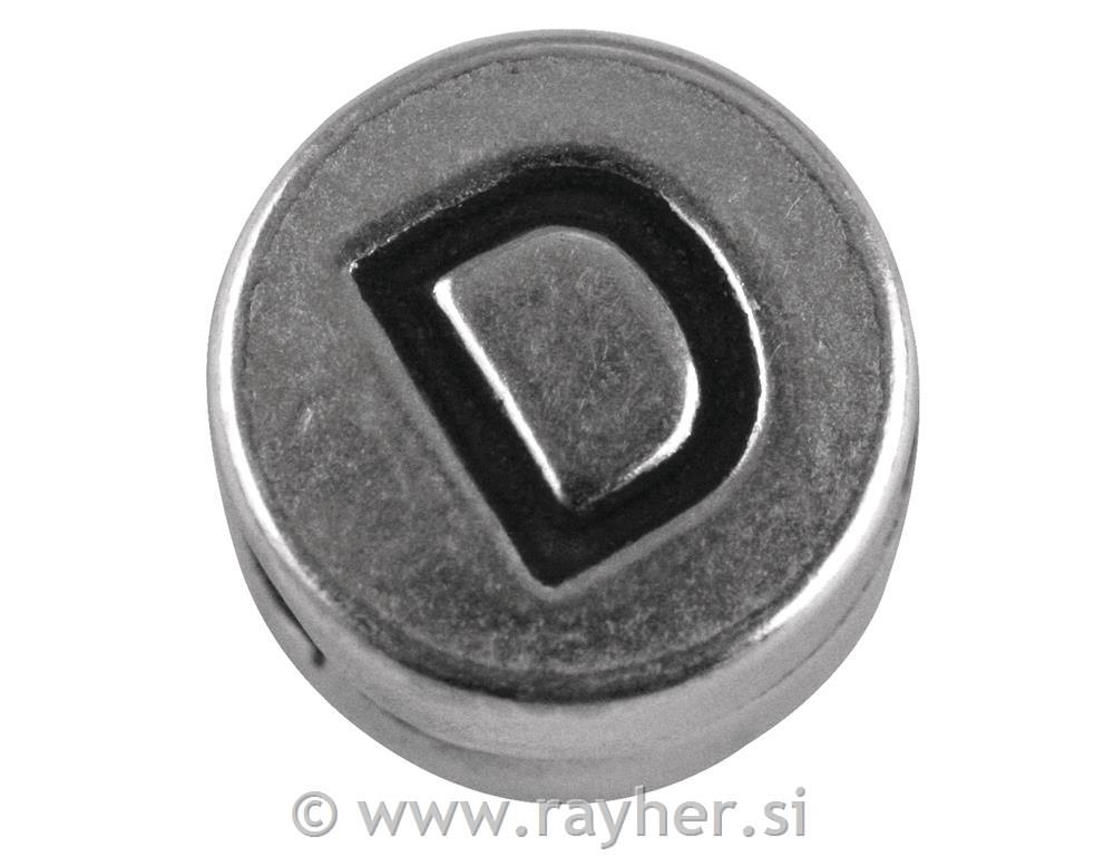Perla metalik slova "D", bn, srebro, oko7 mm, rupe 2 mm