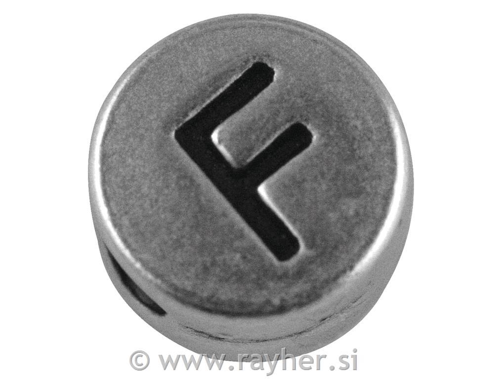 Perla metalik slova "F", bn, srebro, oko7 mm, rupe 2 mm