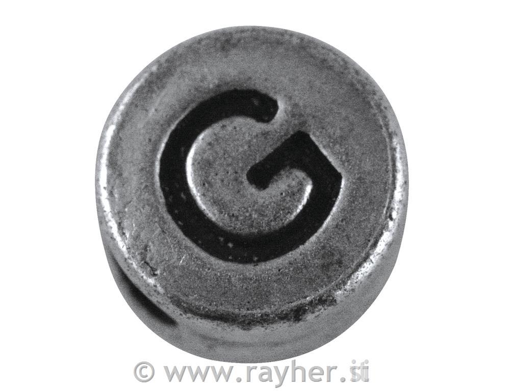 Perla kovinska črka "G", bn, srebrna, o 7 mm, hole 2 mm
