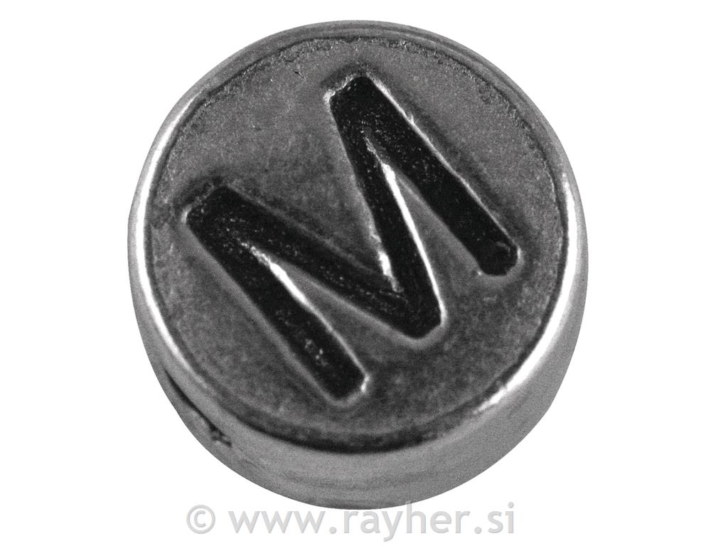 Perla metalik slova "M", bn, srebro, oko7 mm, rupe 2 mm