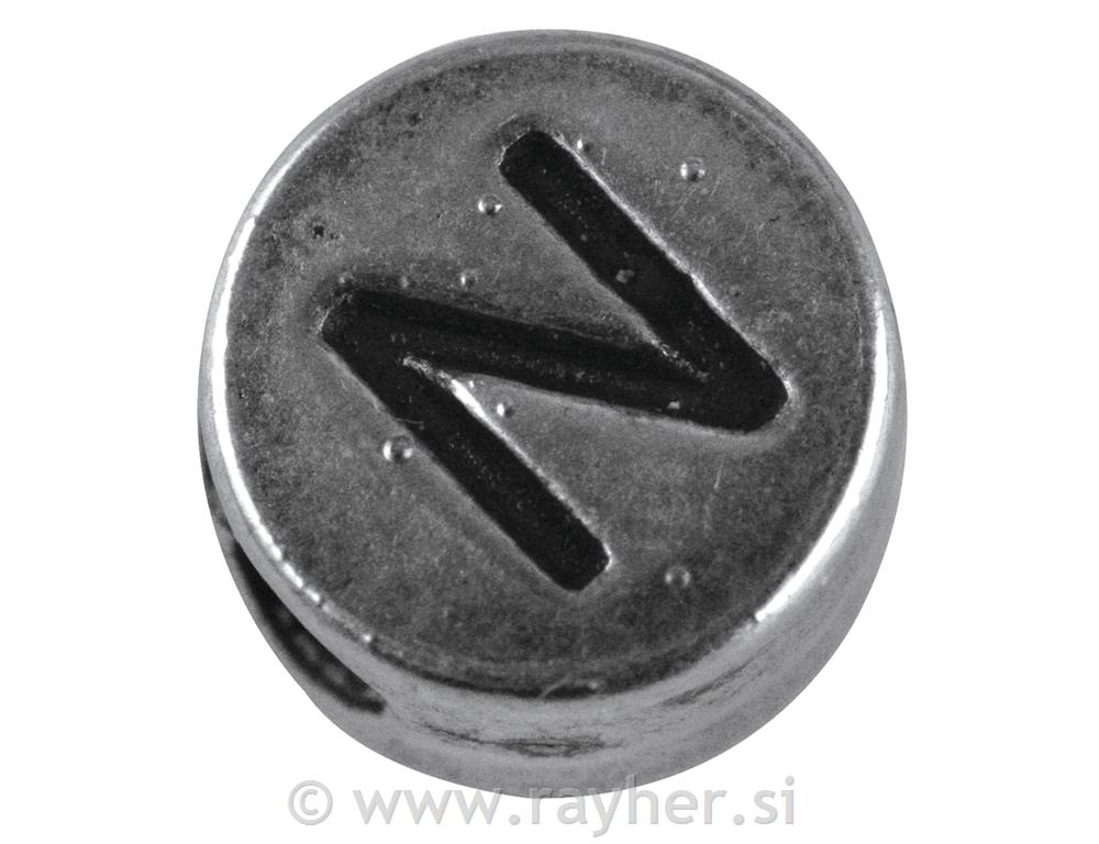Perla metalik slova "N", bn, srebro, oko7 mm, rupe 2 mm