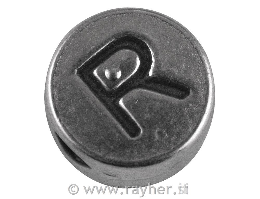 Perla metalik slova "R", bn, srebro, oko7 mm, rupe 2 mm