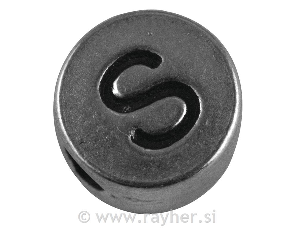 Perla metalik slova "S", bn, srebro, oko7 mm, rupe 2 mm