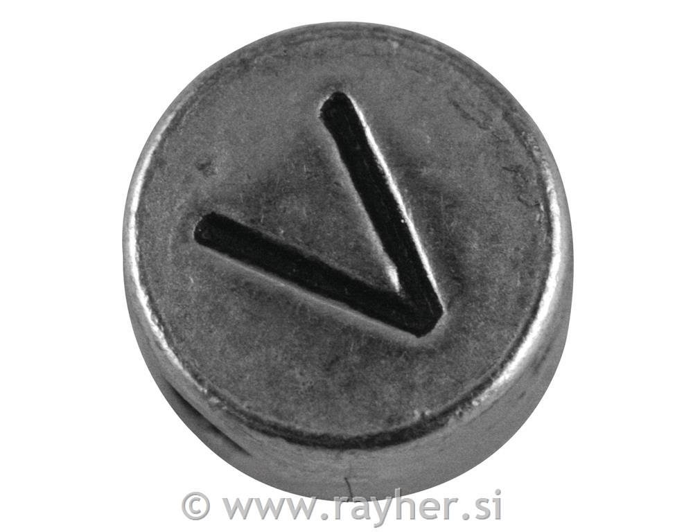 Perla kovinska črka "V", bn, srebrna, o 7 mm, hole 2 mm