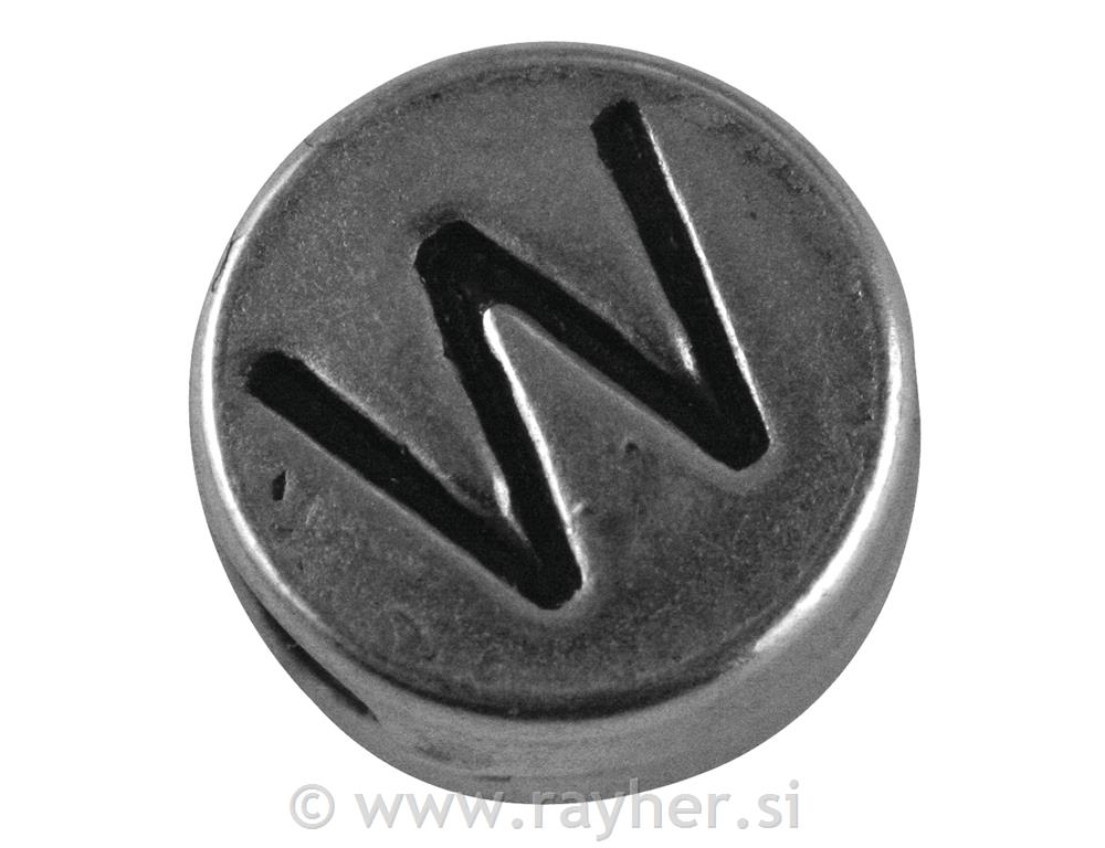 Metal bead "W", silver, o 7 mm, hole 2