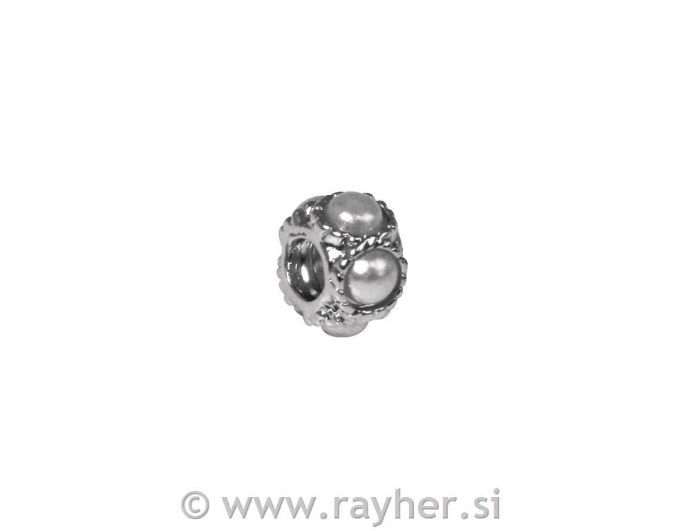 Kovinska perla, srebrna, 9 mm, luknja fi: 4 mm