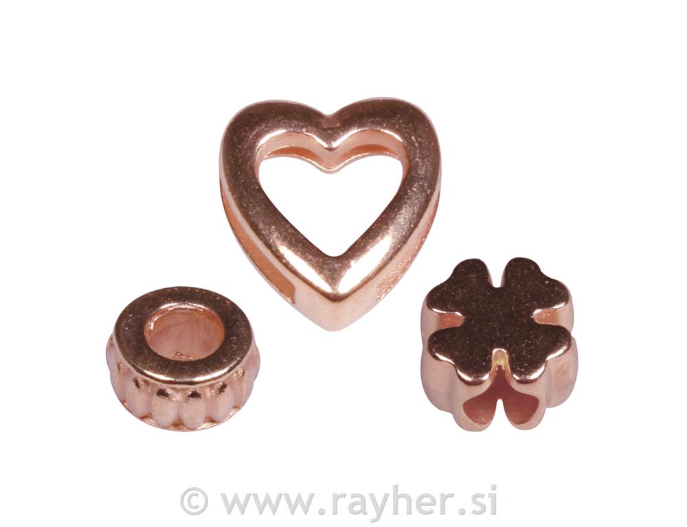 Metalni element "Lovely", ružičasto-zlatni, Heatrt, Cloverleaf & Round