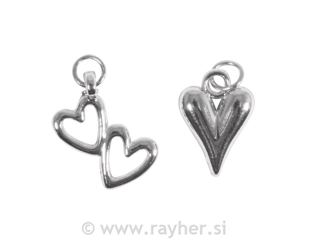 Privjesak s metalnim srcem + dvostrukimsrebro, 11x16+10x18mm, prsten 5mm, 2 kom