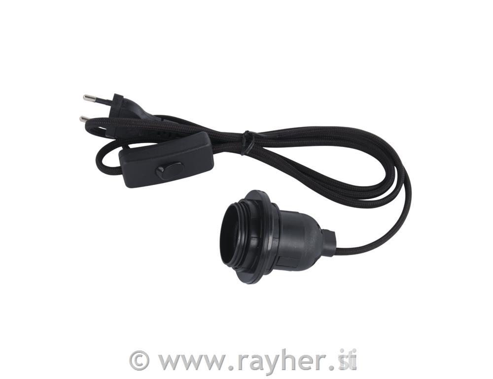 Električni kabel za luč E27 s stikalom črn 180 cm