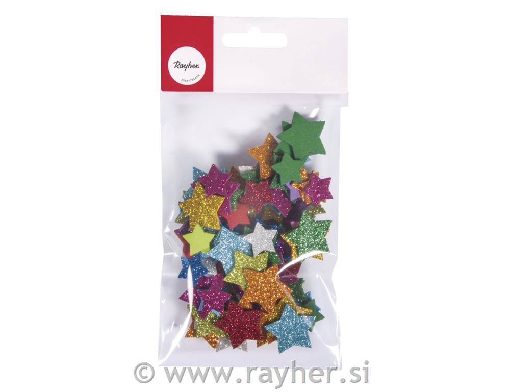 Zvezde iz penaste gume z bleščicami,samolepi., 2+3cm, 100kos