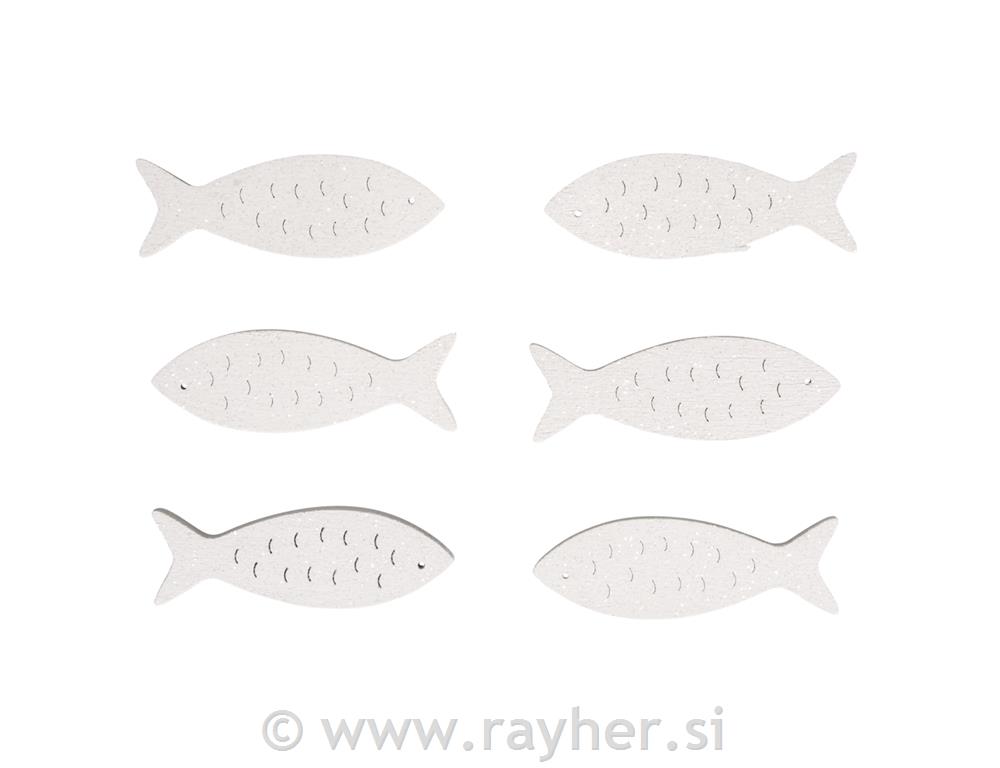 Drveni ukrasi , riba, bijela s blještavim 5x1.5cm, 6 komada