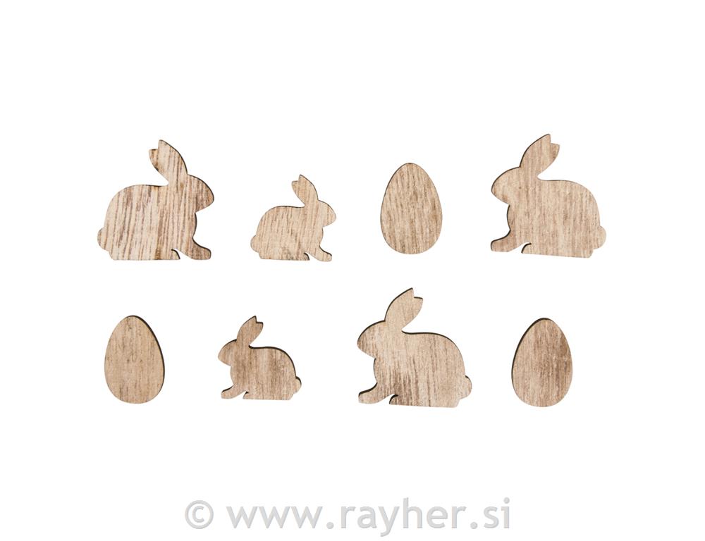 wooden objects rabbits and eggs 2-3cm assorted, tab-bag 16pcs