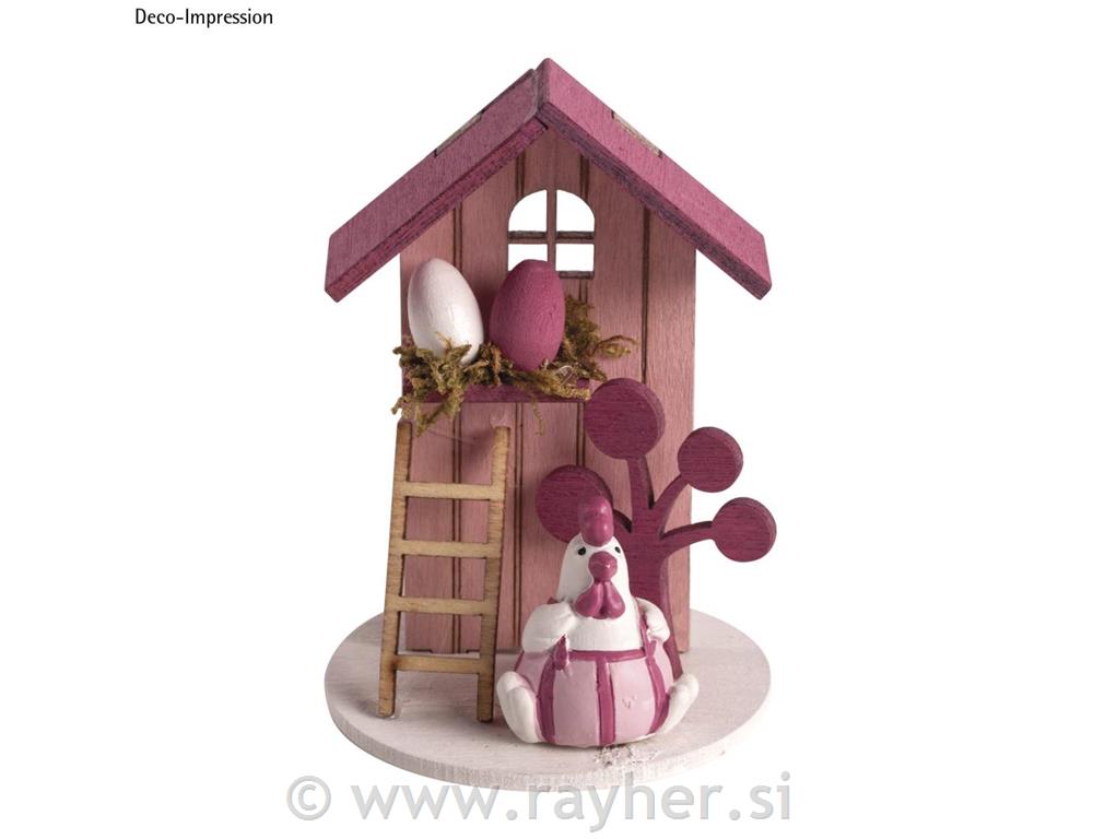 Kokoška s hišico, 6cm o, roza, 9cm