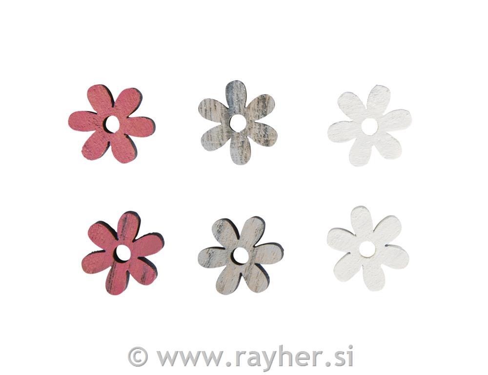 Drveni ukrasi, cvijeće, 1.8cm, bijelo /roze / sivo, 12 kom