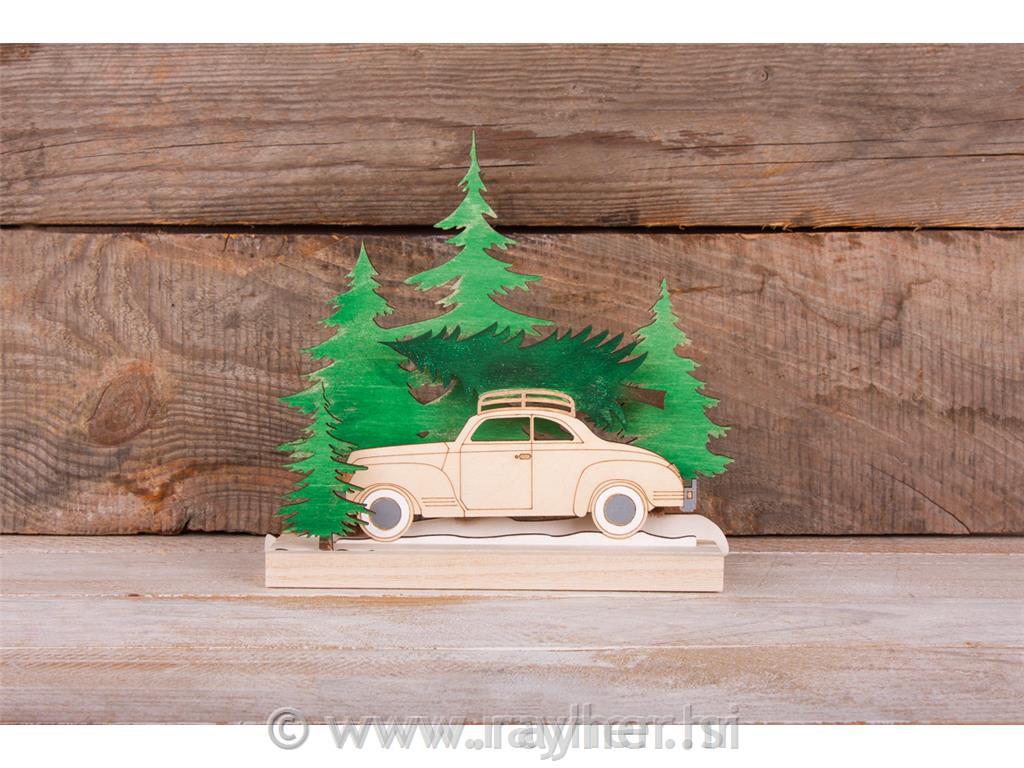 Drveni ukras, auto i smreka, 20x17.5cm