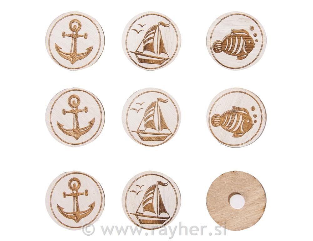 Wooden discs Sealife, 3.5cm o, with adhesive dot, tab-bag 9pcs