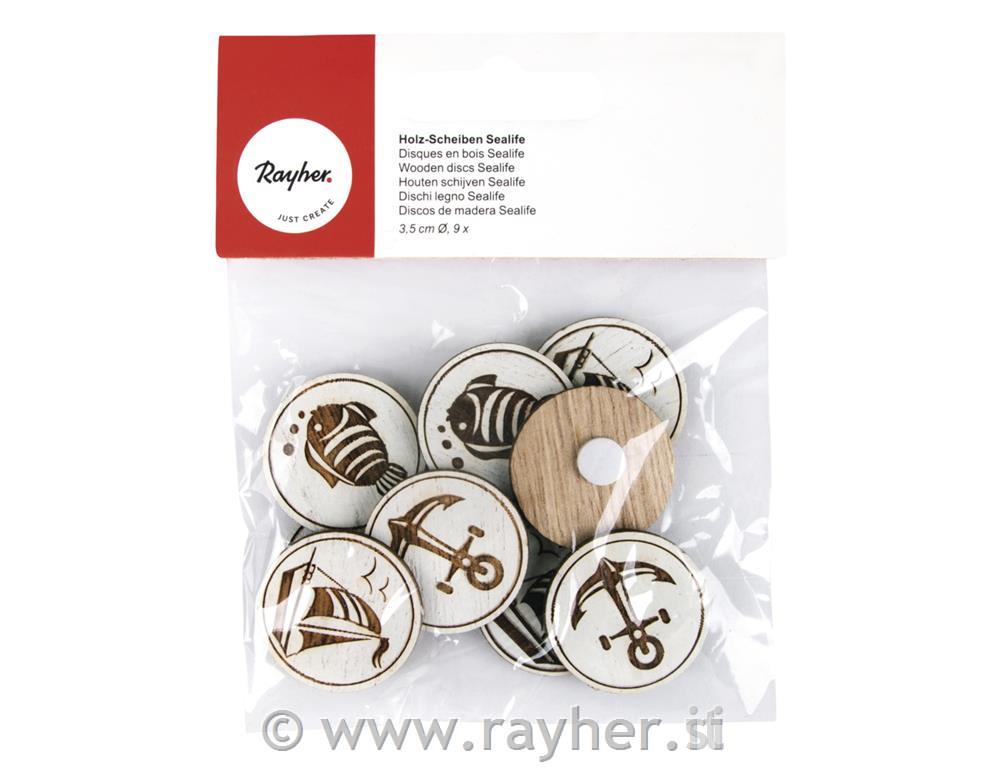 Wooden discs Sealife, 3.5cm o, with adhesive dot, tab-bag 9pcs