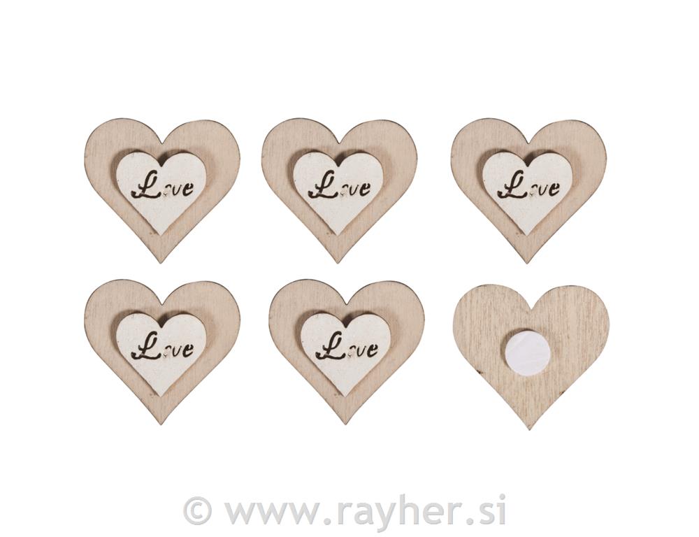 Drveni ukrasi srca "Love", 3.5cm o, samoljepljivi, set 8