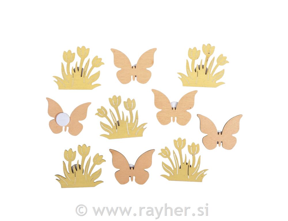 Leseni okraski, Tulipani&Metulji, 3cm, samolepilni, set 10