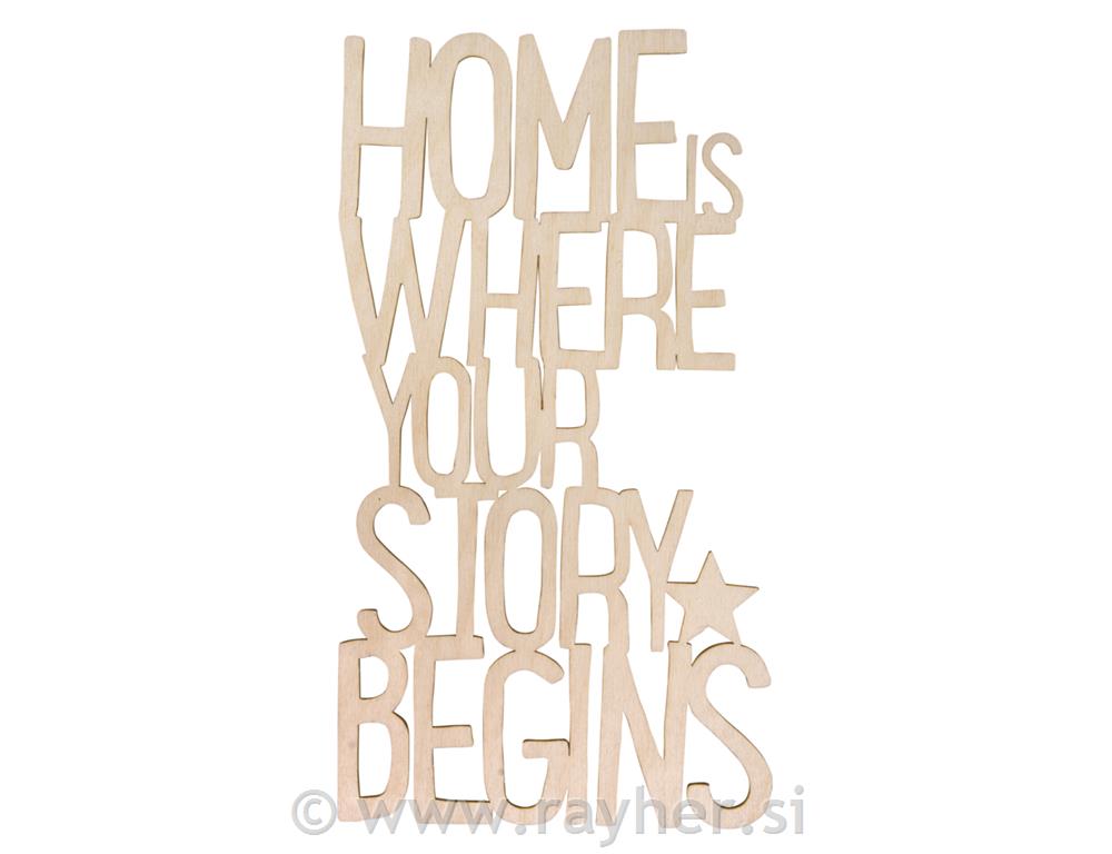 Wood font "Home ..story begins" FSC100%,natural, 14.8x27.5x0.4cm, tab-bag 1pc