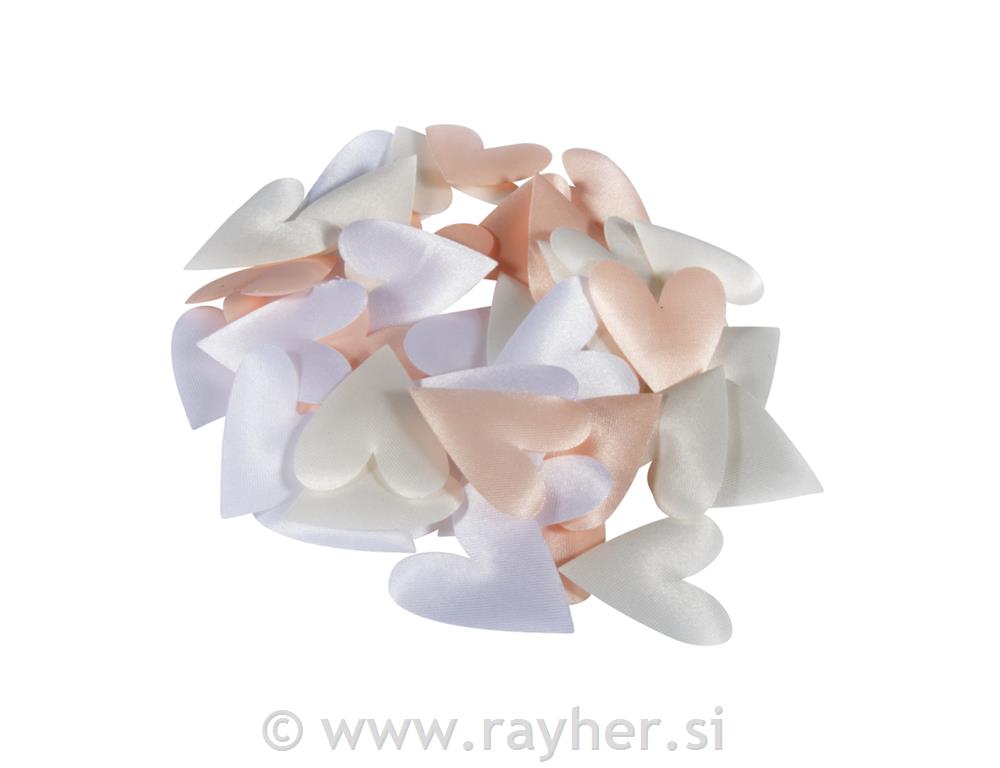 Saten srčki, 3cm, beli/krem/marelica, 48 kosov