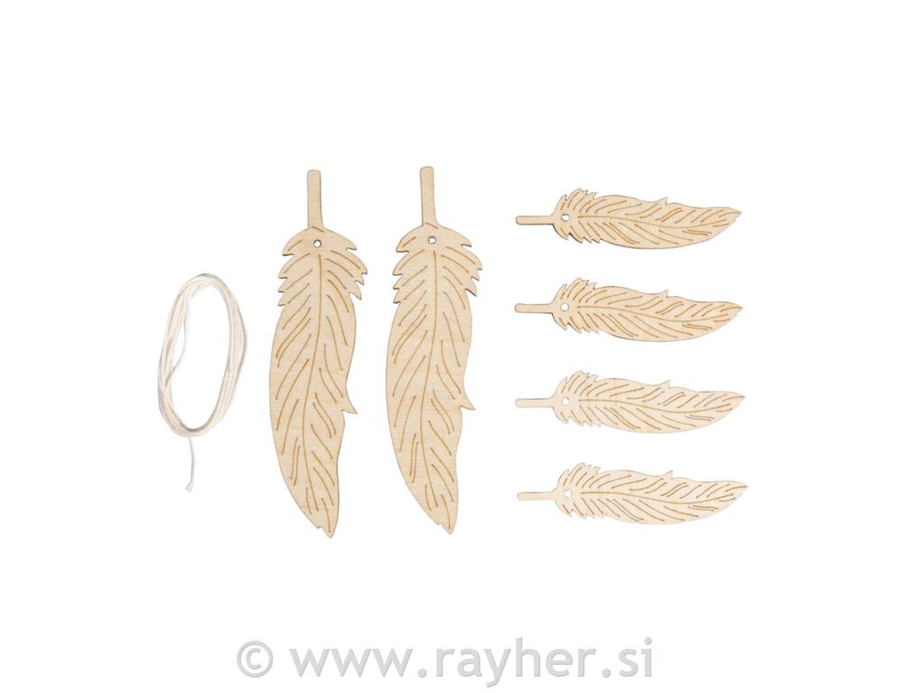 Leseni okraski, perje+vrvica, 12.5-7.5cm, set 6