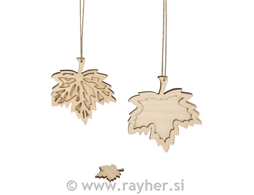 Wooden tag Leaf, 3.8+8.8+10.4cm + cord