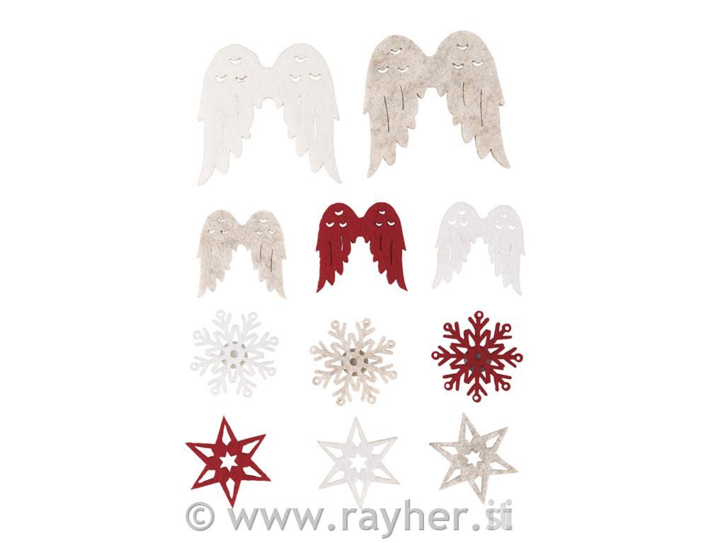 Ukrasi od filca Pahulja, zvijezda, krila3,5-5,4 cm 11 komada