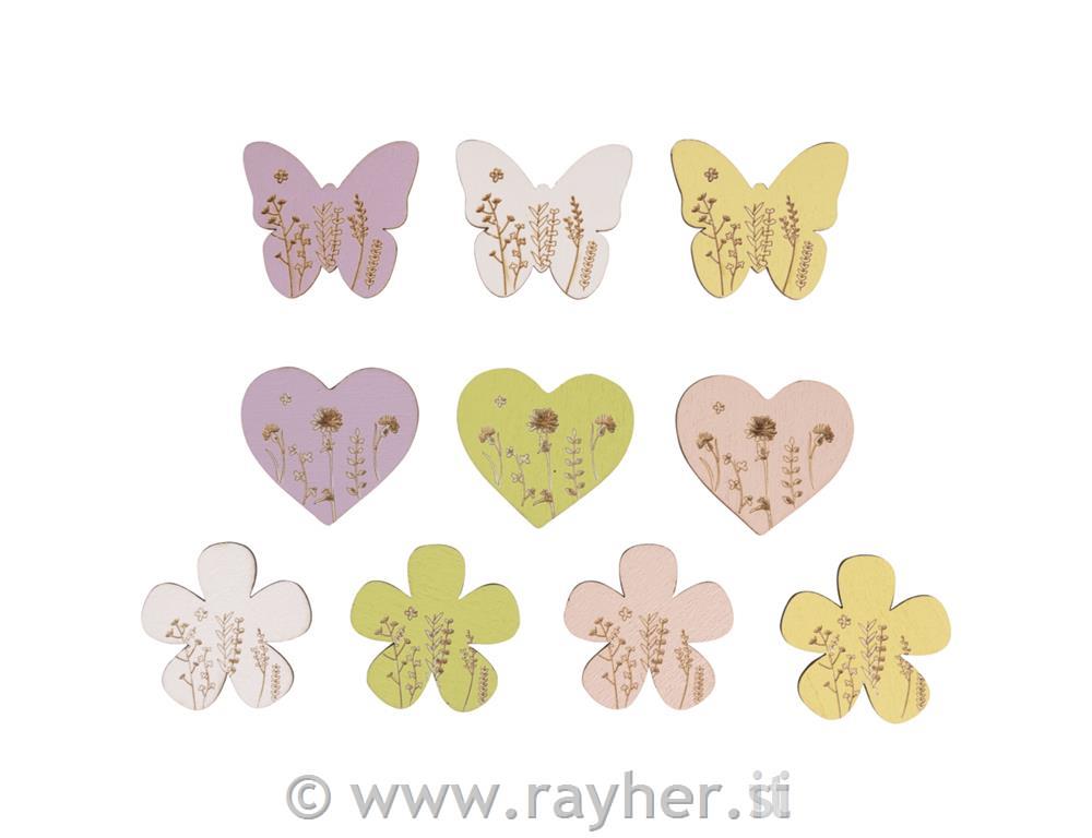 Wooden shapes Floral, FSC Mix Credit3.3-3.6cm, tab-bag 10pcs, coloured