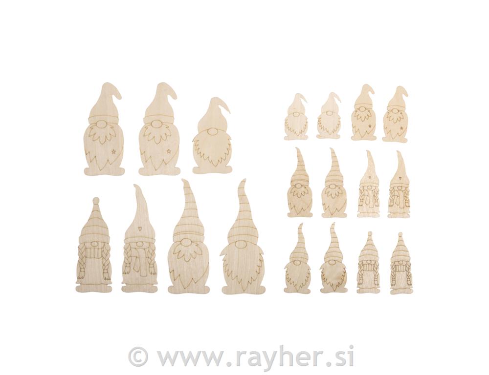 Leseni okraski Palčki, 3.6-9cm, set 18