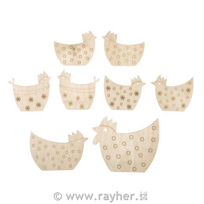 Veneer wood Rooster + chicken5-8cm, 1mm thick, tab-bag 8pcs, natural