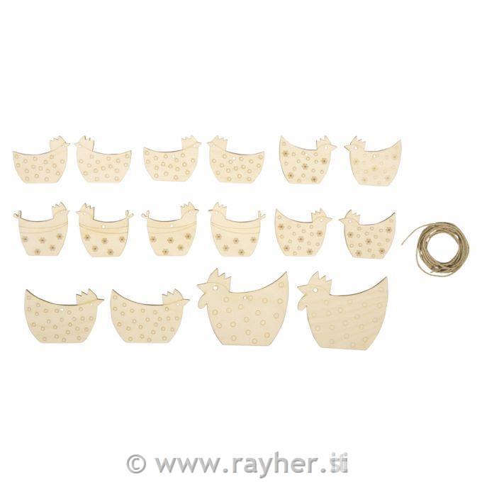 Drveni dekor Pijetao + Pile5-8 cm, + konoplja 2,5 m, 16 kom