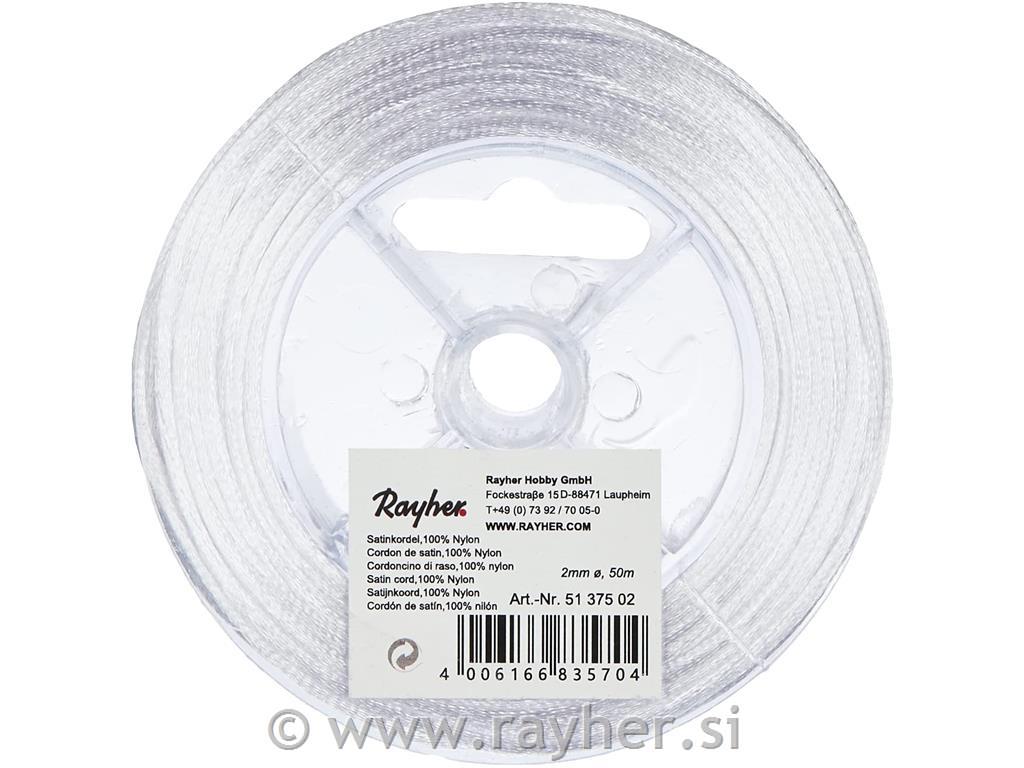 Satenska vrpca, bijela, 2 mm o, 50 m