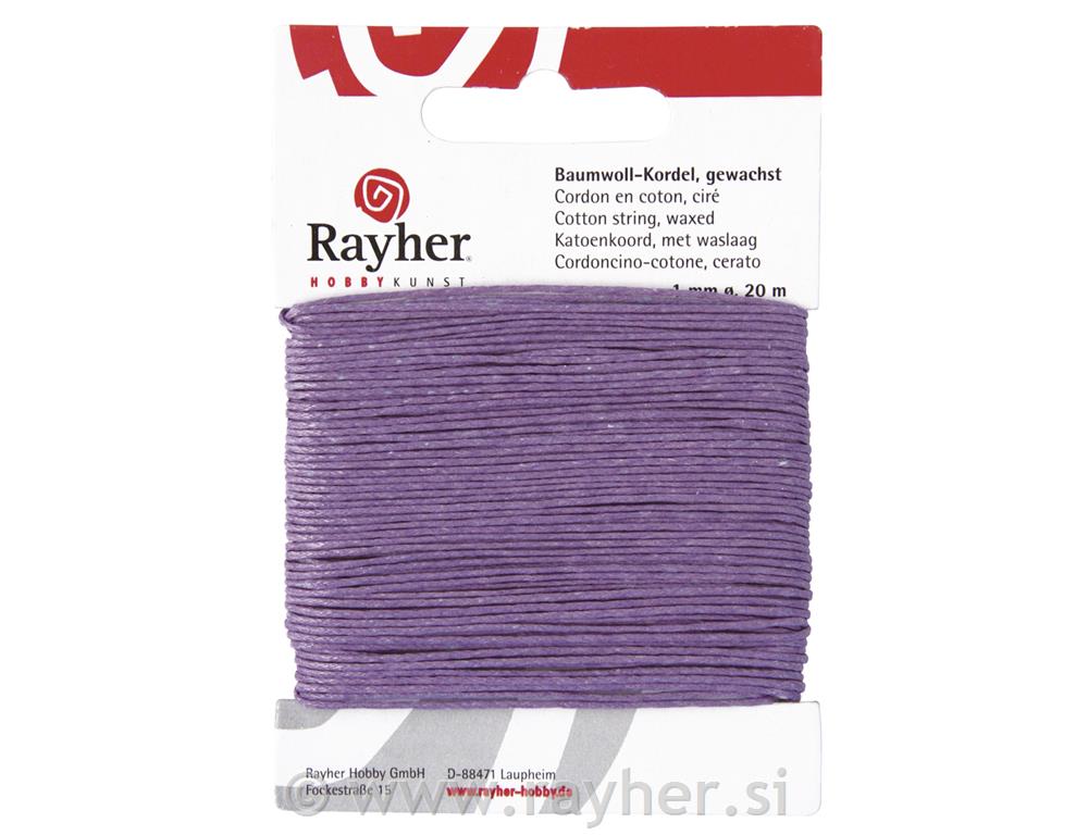 Cotton cord, waxed, lilac, 1 mm, tab-car