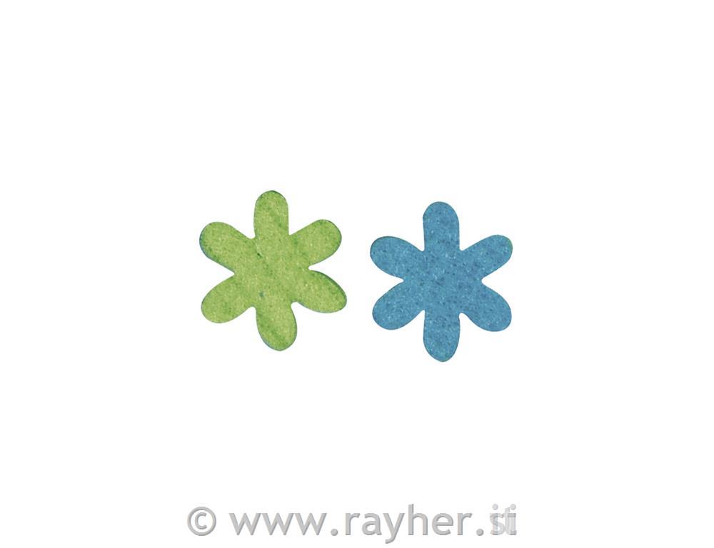 Filc rožice male, 3 cm, modro/zelene, 2 barvi, 12 kom.