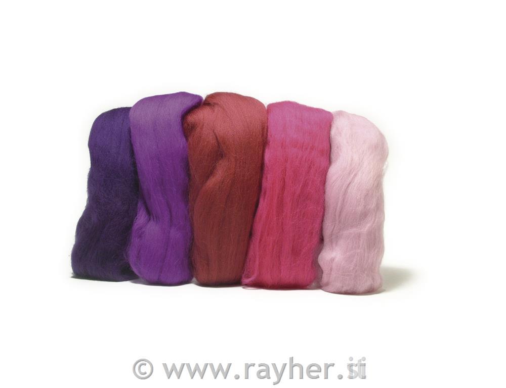 Vunena merino pređa, češljana, vrlo glatka, ružičaste nijanse, 18 mic, 5 x 10g