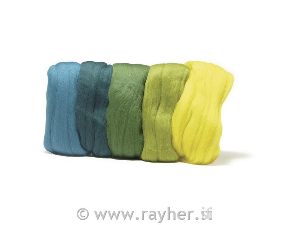 Vunena merino pređa, češljana, vrlo glatka, zelene nijanse, 18 mic, 5 x 10g